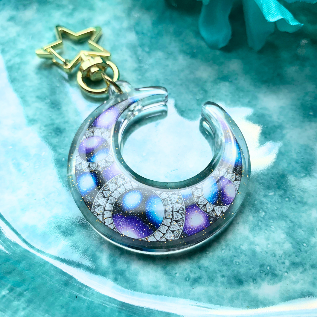 Double-Sided Sparkly Galaxy Moon Keychain