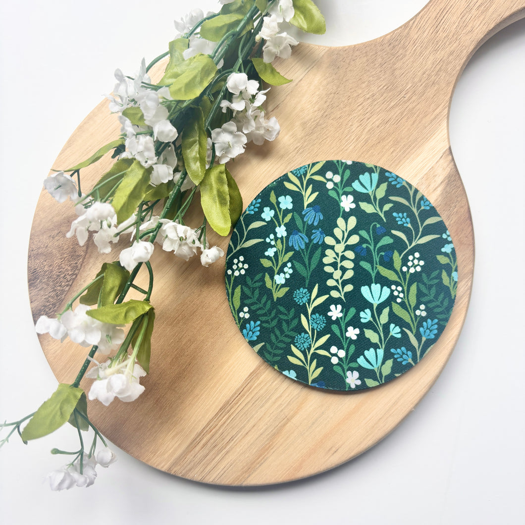 Midnight Aqua Meadows Fabric Coaster