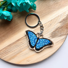 Load image into Gallery viewer, Double-Sided Sparkly Blue Morpho Butterfly Keychain
