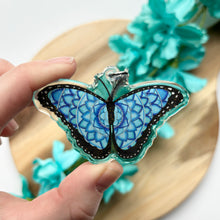 Load image into Gallery viewer, Double-Sided Sparkly Blue Morpho Butterfly Keychain
