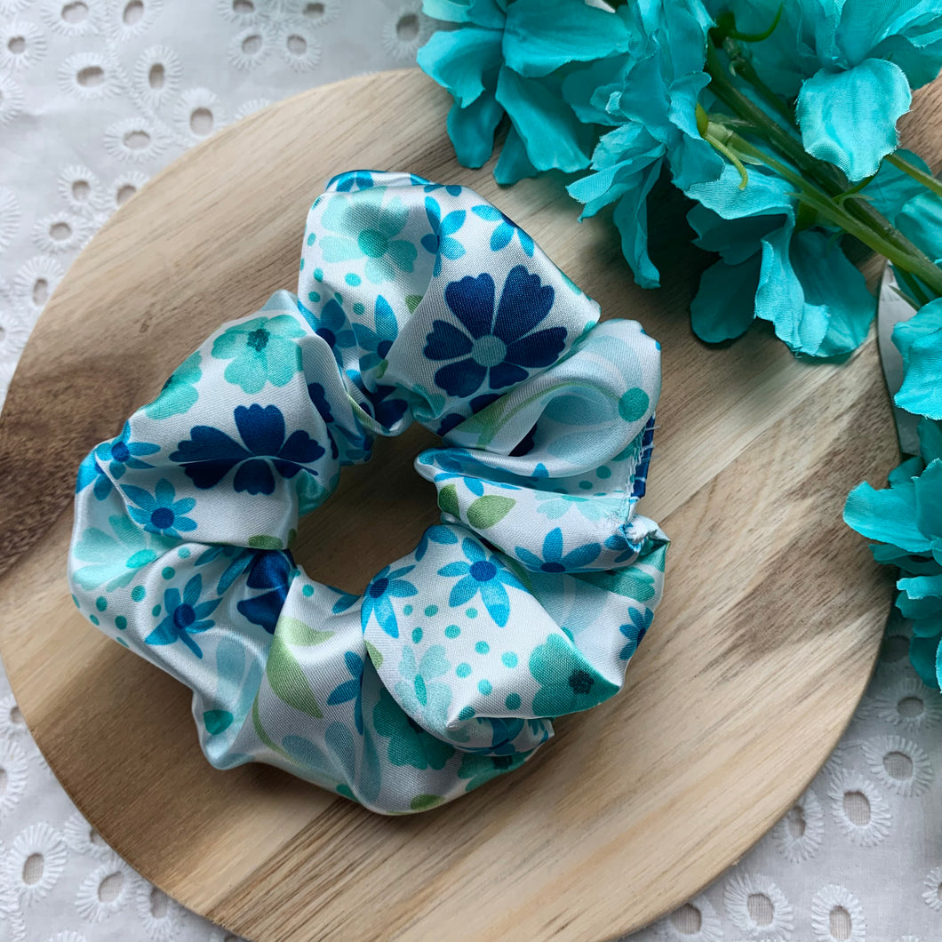 White and Blue Floral Satin Scrunchie