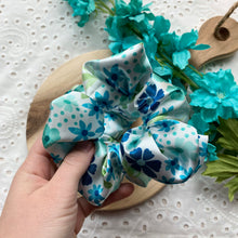 Load image into Gallery viewer, White and Blue Floral Satin Scrunchie
