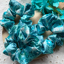 Load image into Gallery viewer, Baby Blue Floral Satin Scrunchie
