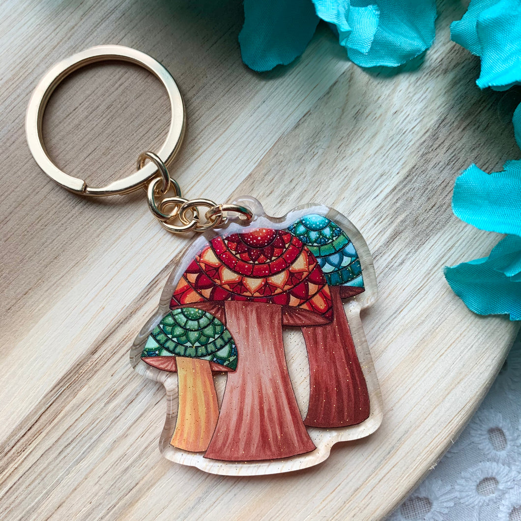 Double-Sided Sparkly Mushrooms Keychain