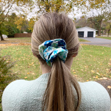 Load image into Gallery viewer, White and Blue Floral Scrunchie
