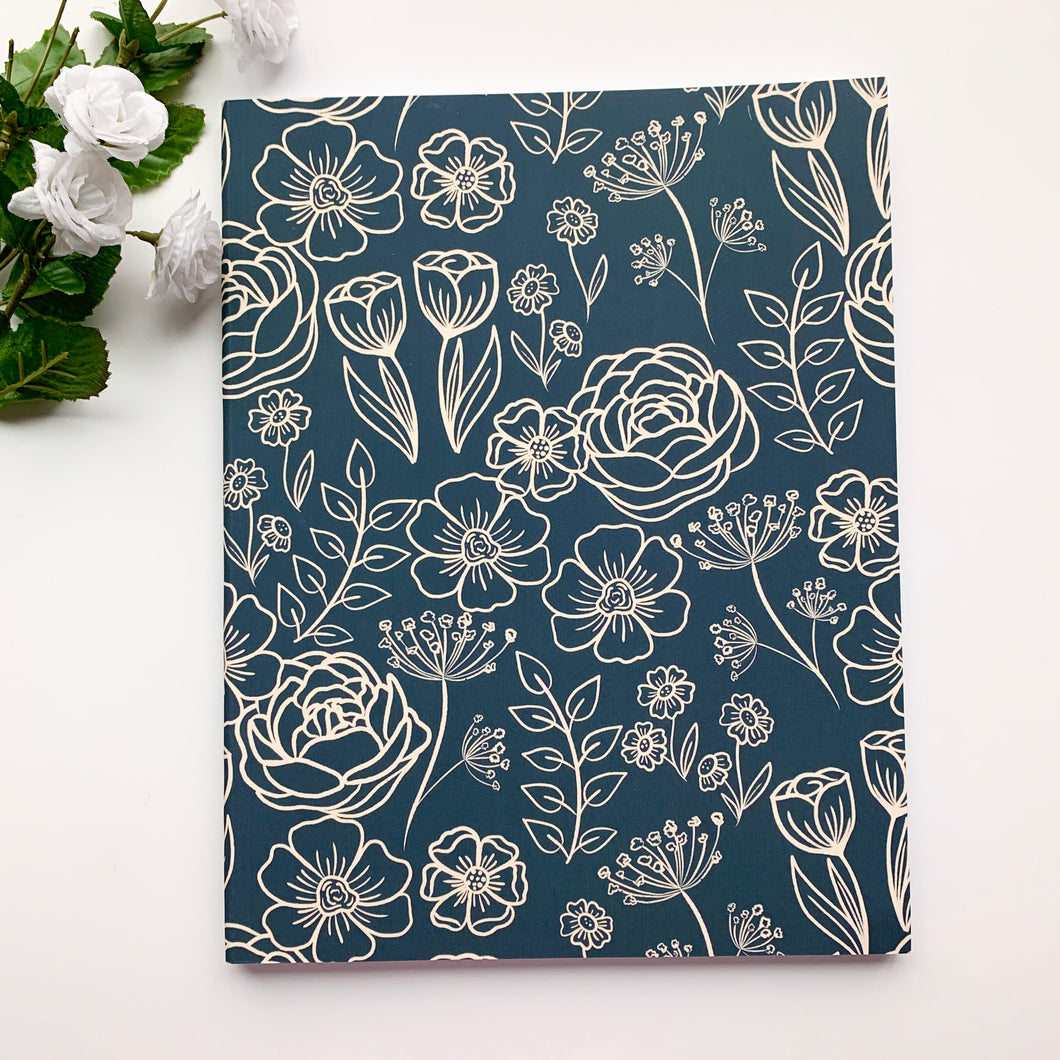 8.5x11 Navy Blue Floral Unlined Notebook