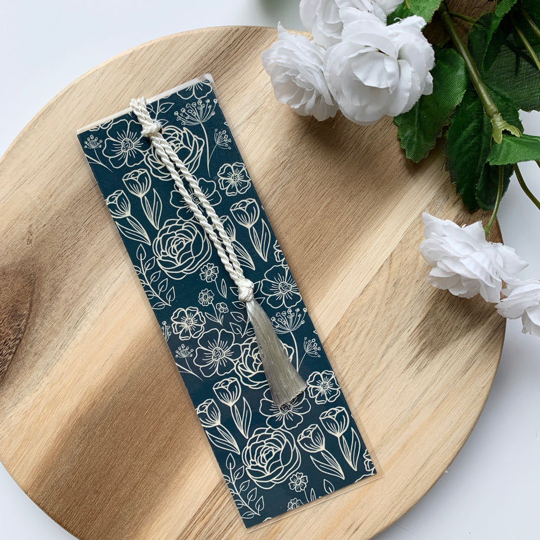 Navy Blue Floral Bookmark with Tassel