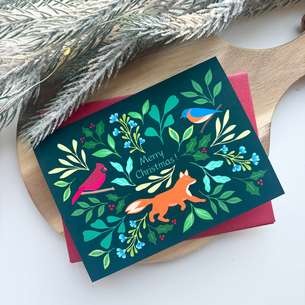 Dark Green Winter Woodland Creatures Greeting Card