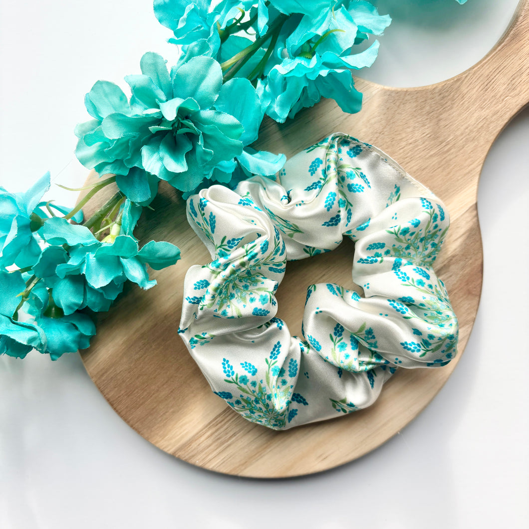 Blue Blooms Satin Scrunchie