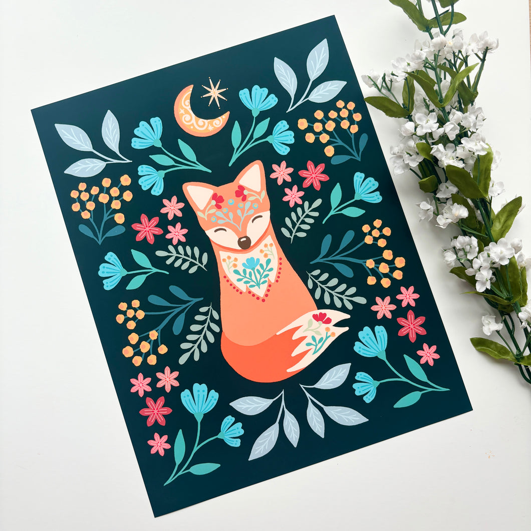 8.5x11 Midnight Fox and Flora Garden Print