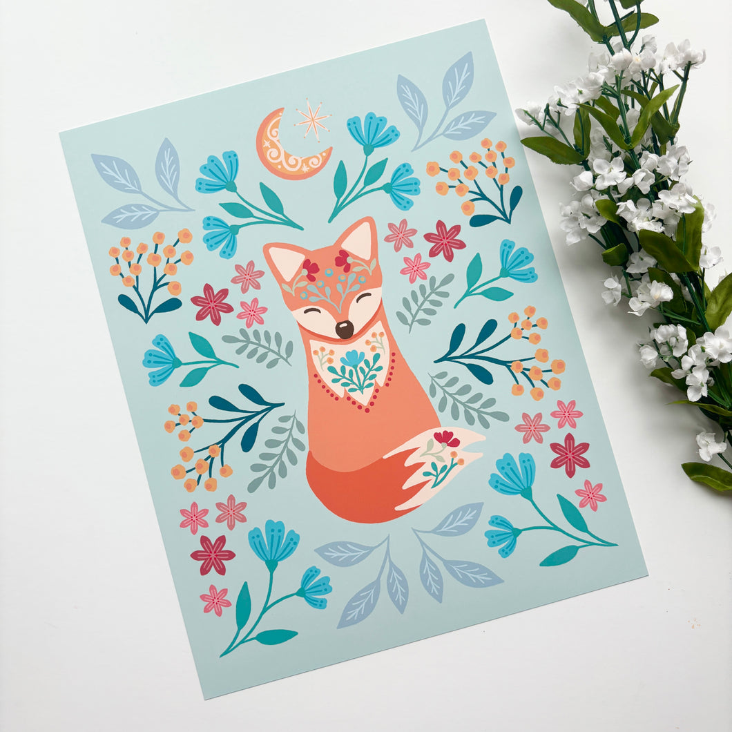 8.5x11 Sage Fox and Flora Garden Print