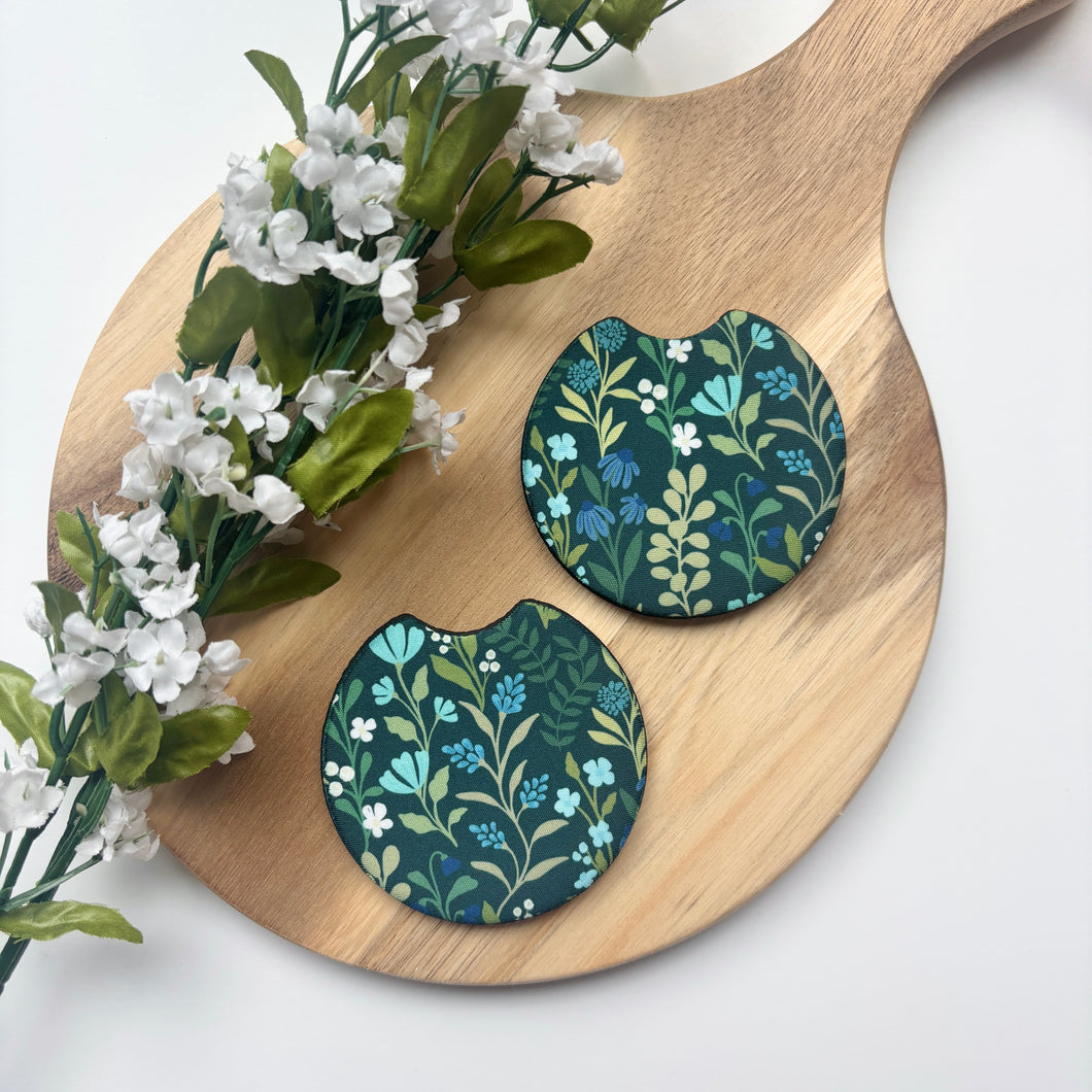 Midnight Aqua Meadows Car Coasters (Set of 2)