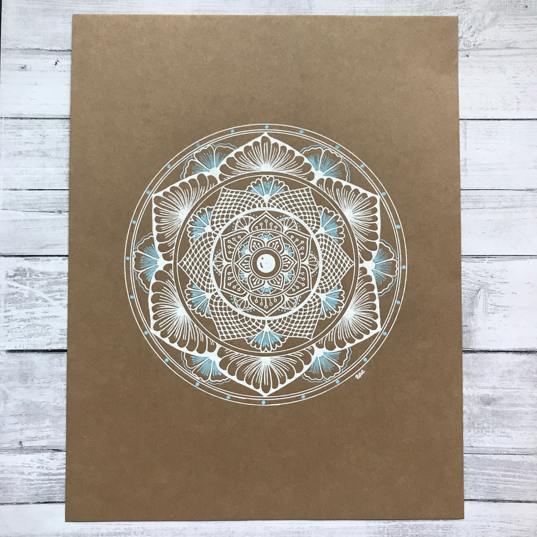 Blue and White Mandala on Kraft Paper (Original)