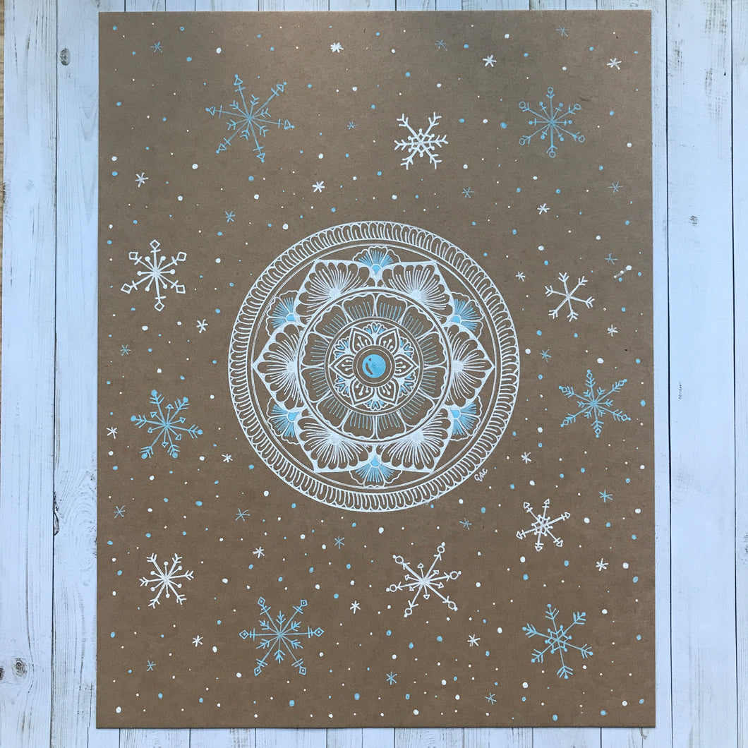 Blue and White Snowflake Mandala on Kraft Paper (Original)