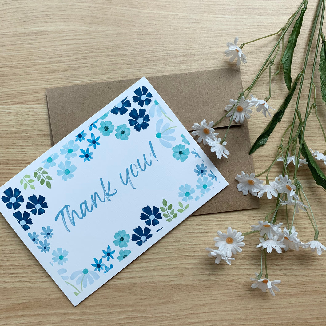 White & Blue Floral Thank You Card