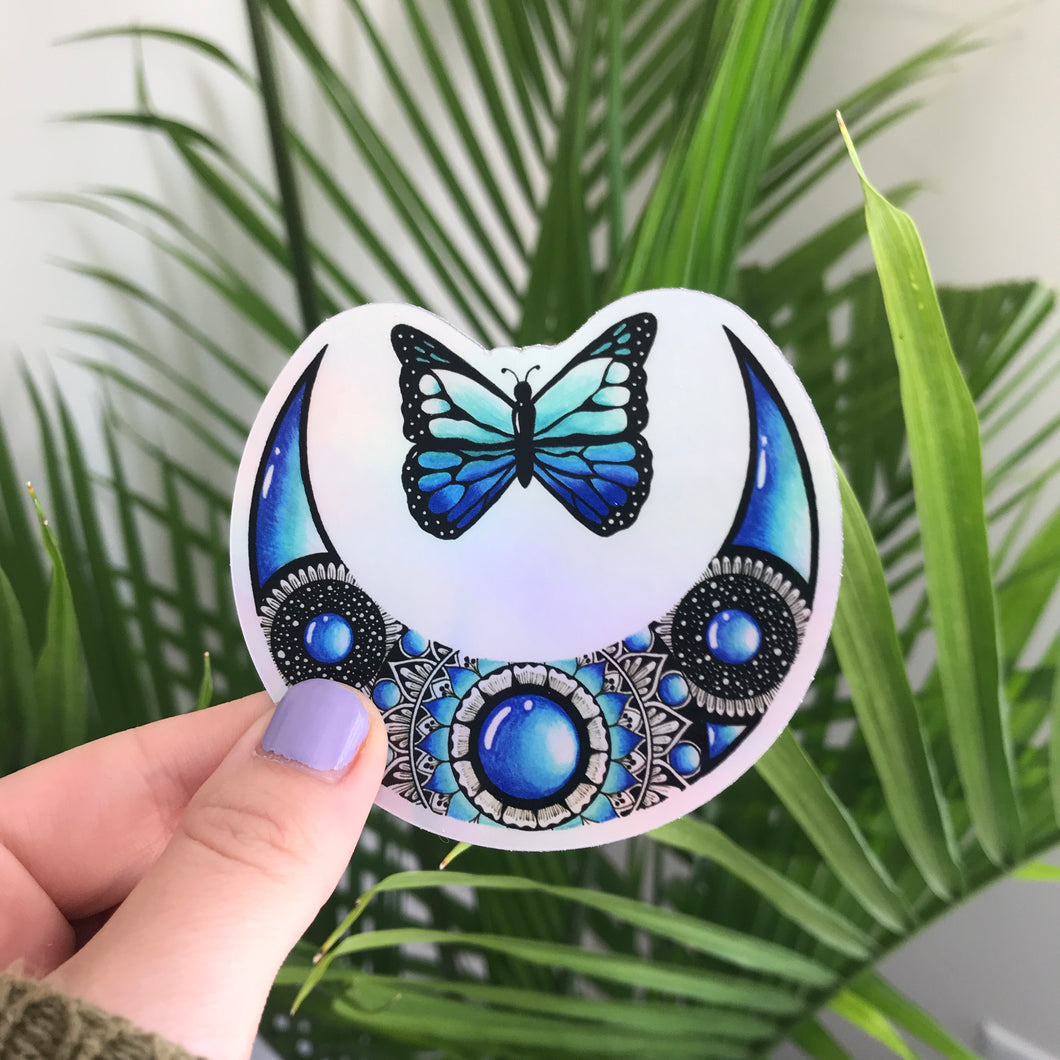 Blue Butterfly and Moon Holographic Sticker